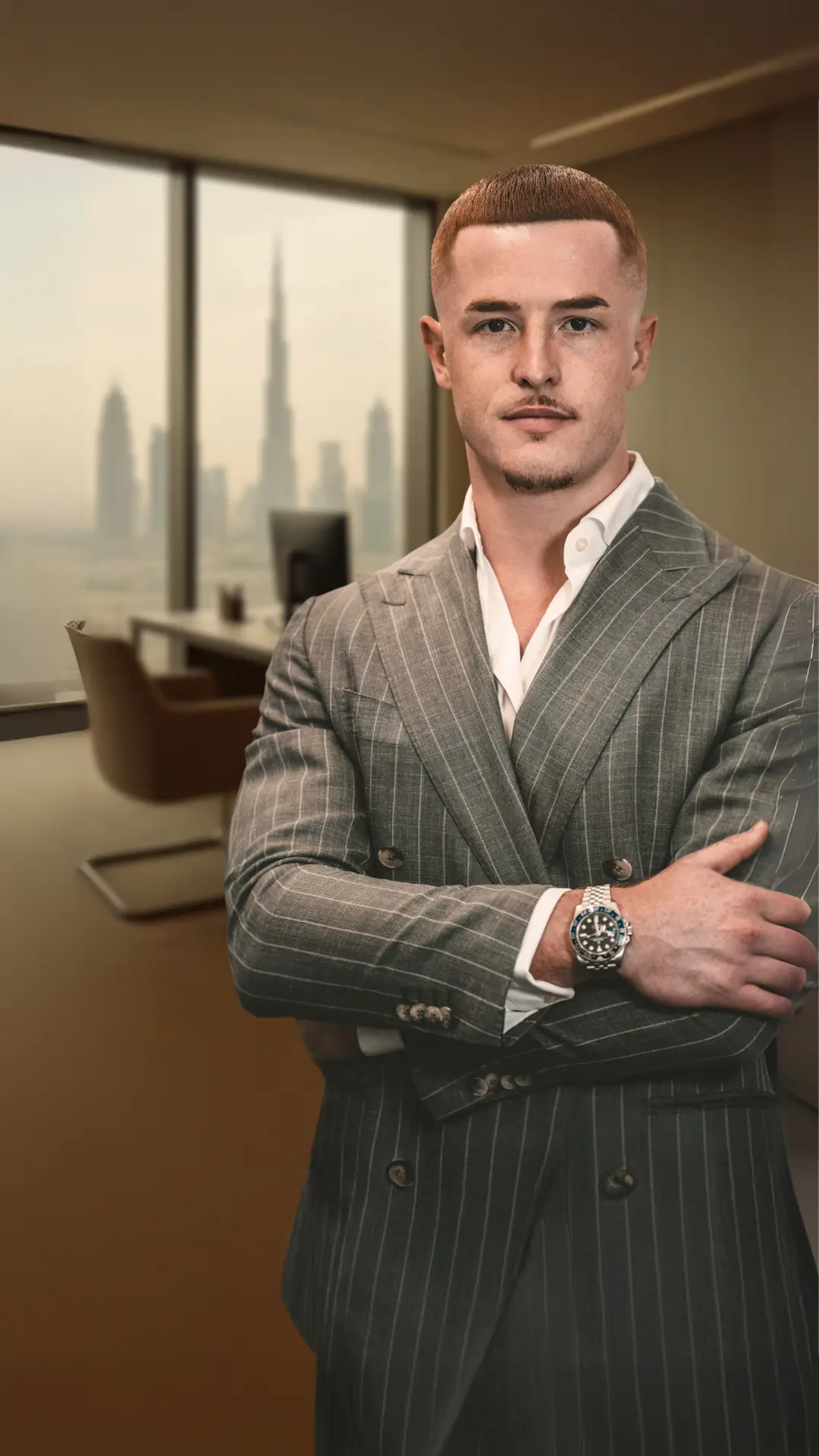 Maximilian Quos im Anzug vor der Skyline von Dubai